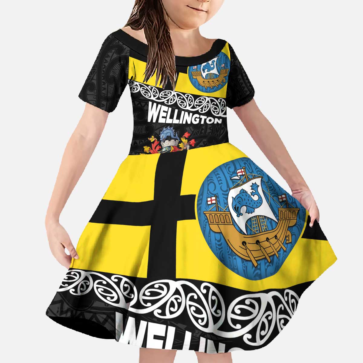 New Zealand Wellington Family Matching Off The Shoulder Long Sleeve Dress and Hawaiian Shirt The Capital's Emblems Flag and Koru Art LT03 Daughter's Dress Black - Polynesian Pride