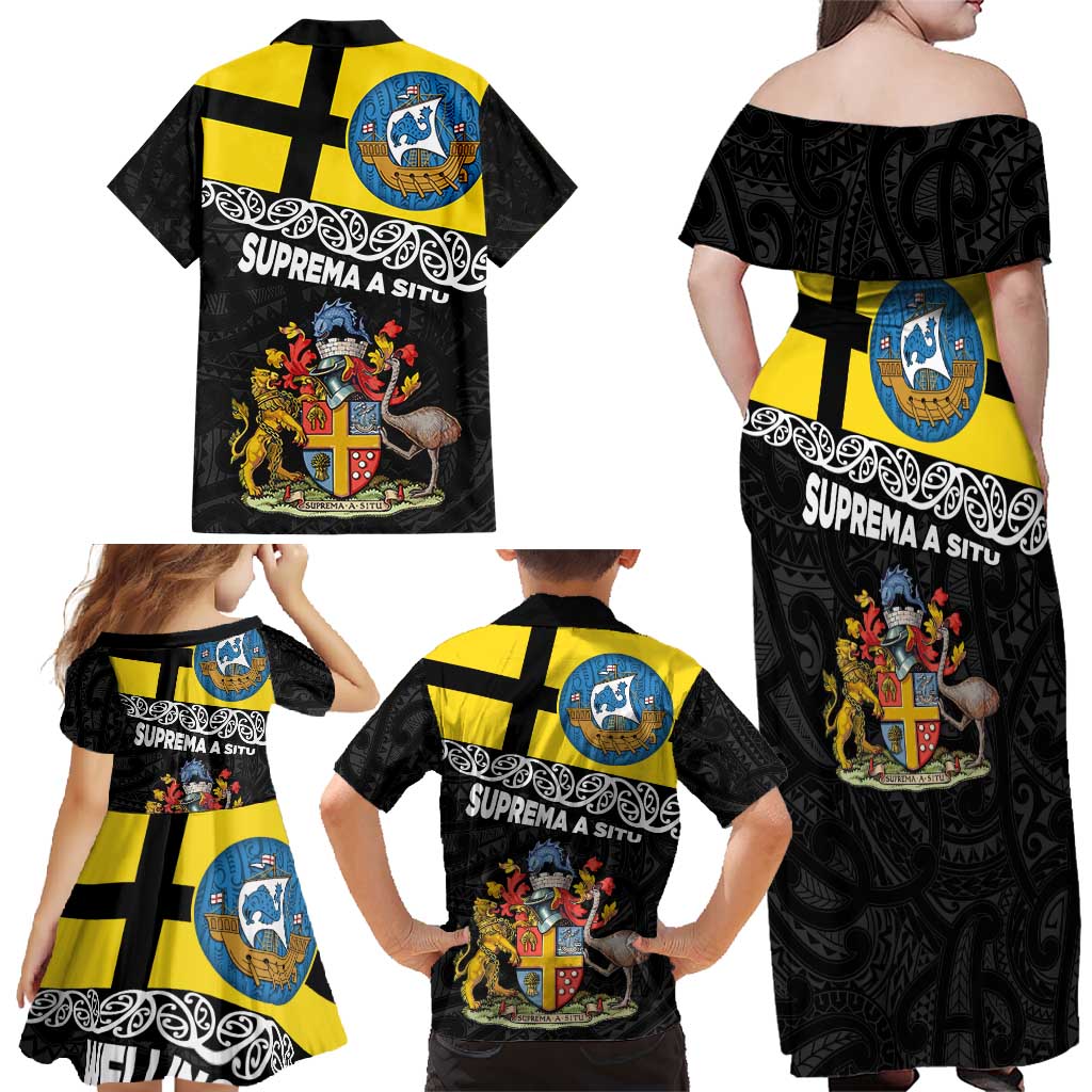 New Zealand Wellington Family Matching Off Shoulder Maxi Dress and Hawaiian Shirt The Capital's Emblems Flag and Koru Art LT03 - Polynesian Pride