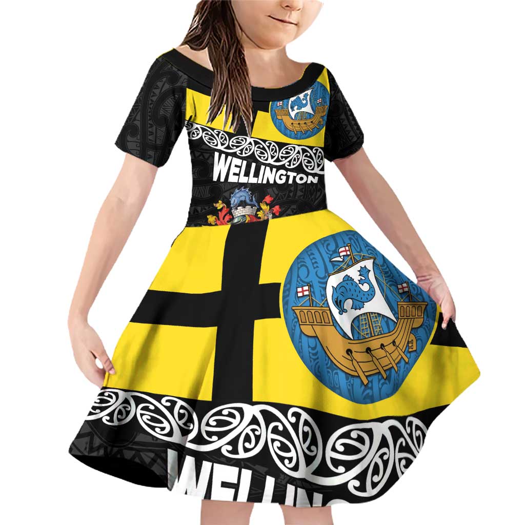 New Zealand Wellington Family Matching Off Shoulder Short Dress and Hawaiian Shirt The Capital's Emblems Flag and Koru Art LT03 Daughter's Dress Black - Polynesian Pride