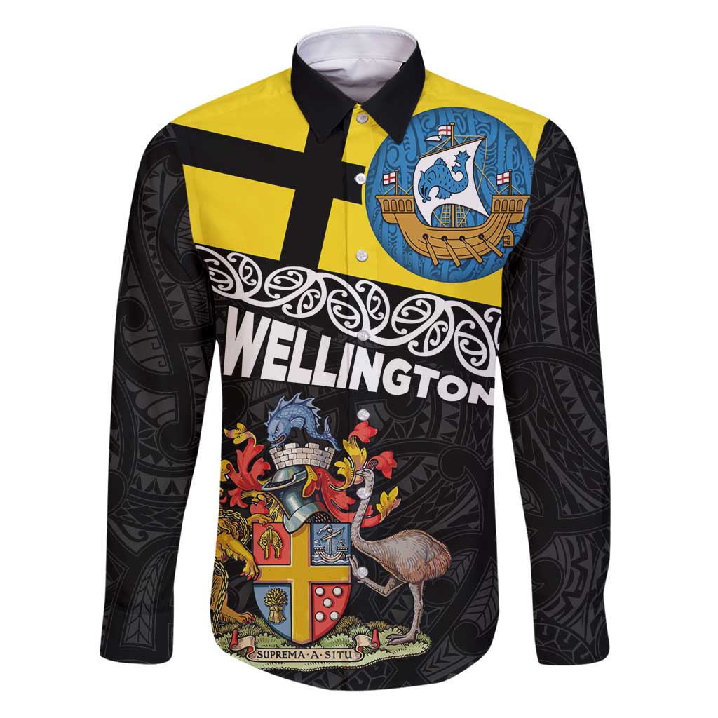 New Zealand Wellington Family Matching Puletasi and Hawaiian Shirt The Capital's Emblems Flag and Koru Art LT03 Dad's Shirt - Long Sleeve Black - Polynesian Pride