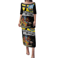 New Zealand Wellington Family Matching Puletasi and Hawaiian Shirt The Capital's Emblems Flag and Koru Art LT03 Mom's Dress Black - Polynesian Pride