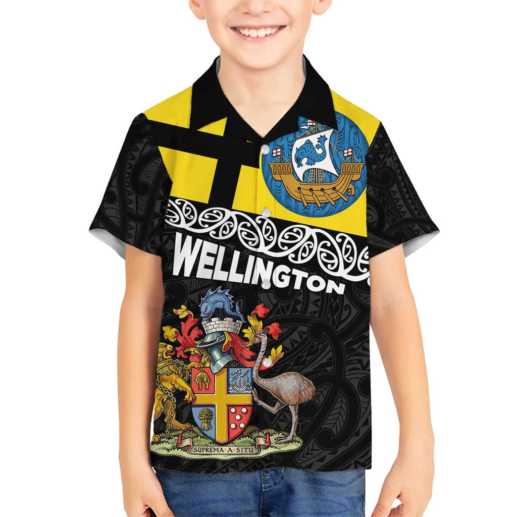 New Zealand Wellington Family Matching Puletasi and Hawaiian Shirt The Capital's Emblems Flag and Koru Art LT03 Son's Shirt Black - Polynesian Pride