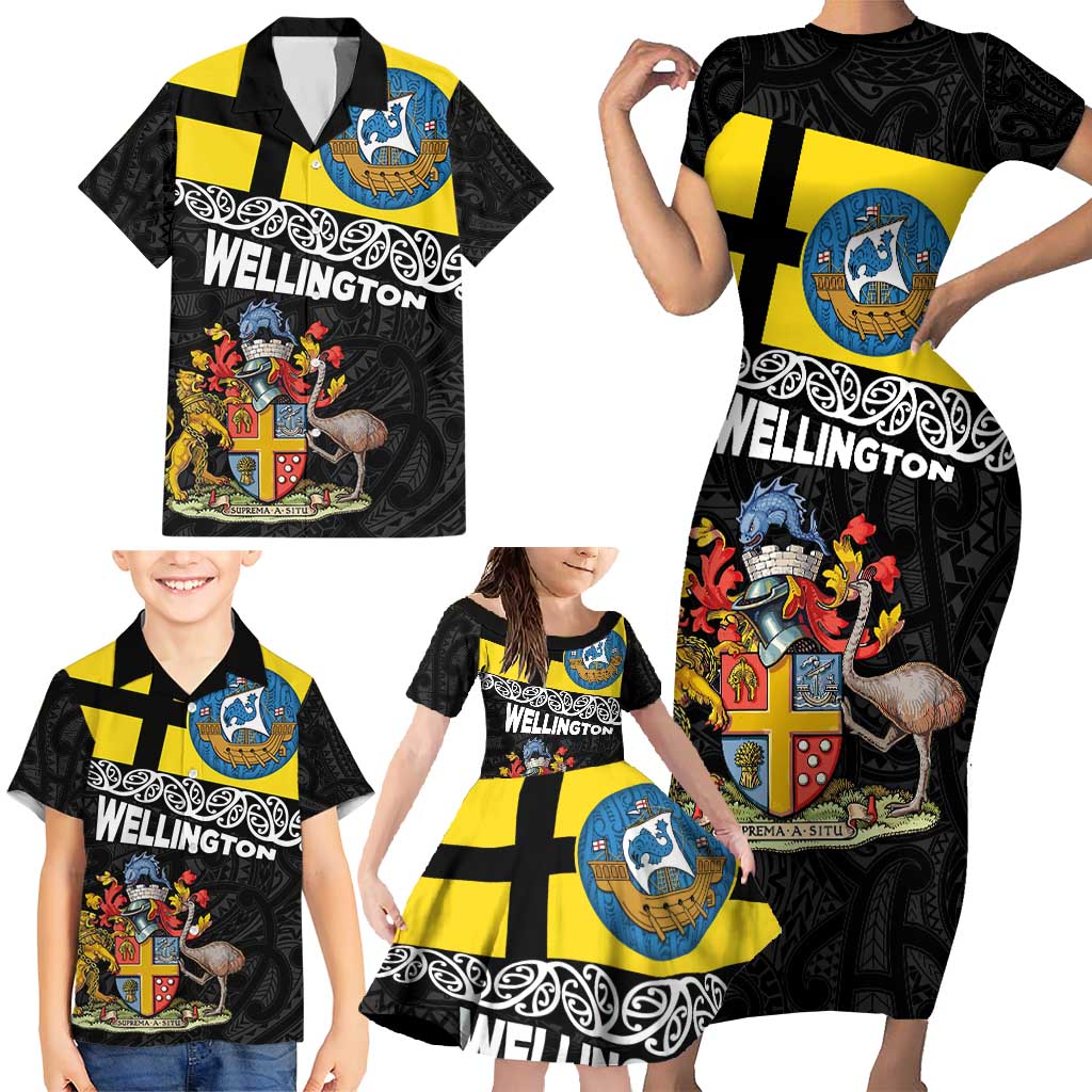 New Zealand Wellington Family Matching Short Sleeve Bodycon Dress and Hawaiian Shirt The Capital's Emblems Flag and Koru Art LT03 - Polynesian Pride