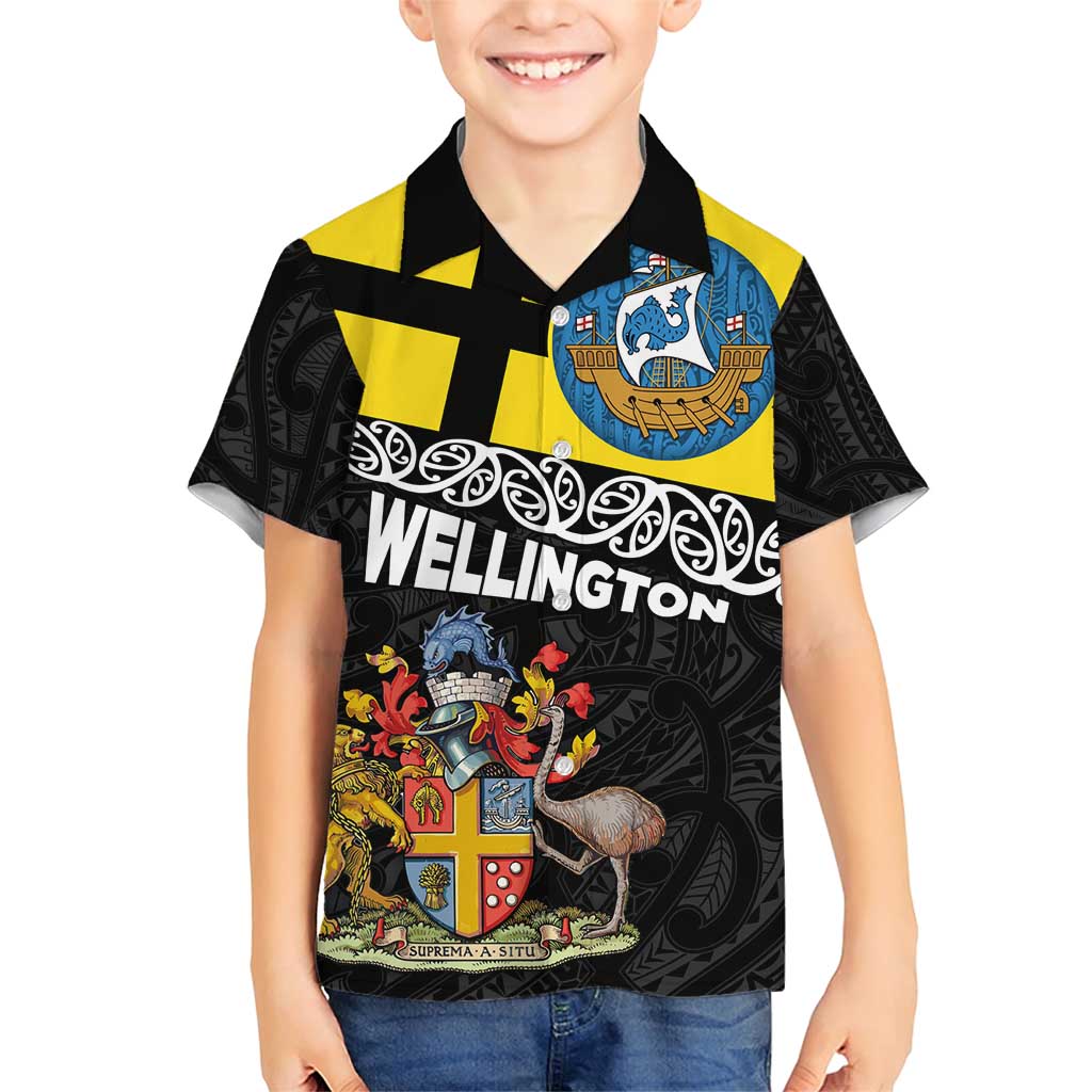 New Zealand Wellington Family Matching Short Sleeve Bodycon Dress and Hawaiian Shirt The Capital's Emblems Flag and Koru Art LT03 Son's Shirt Black - Polynesian Pride