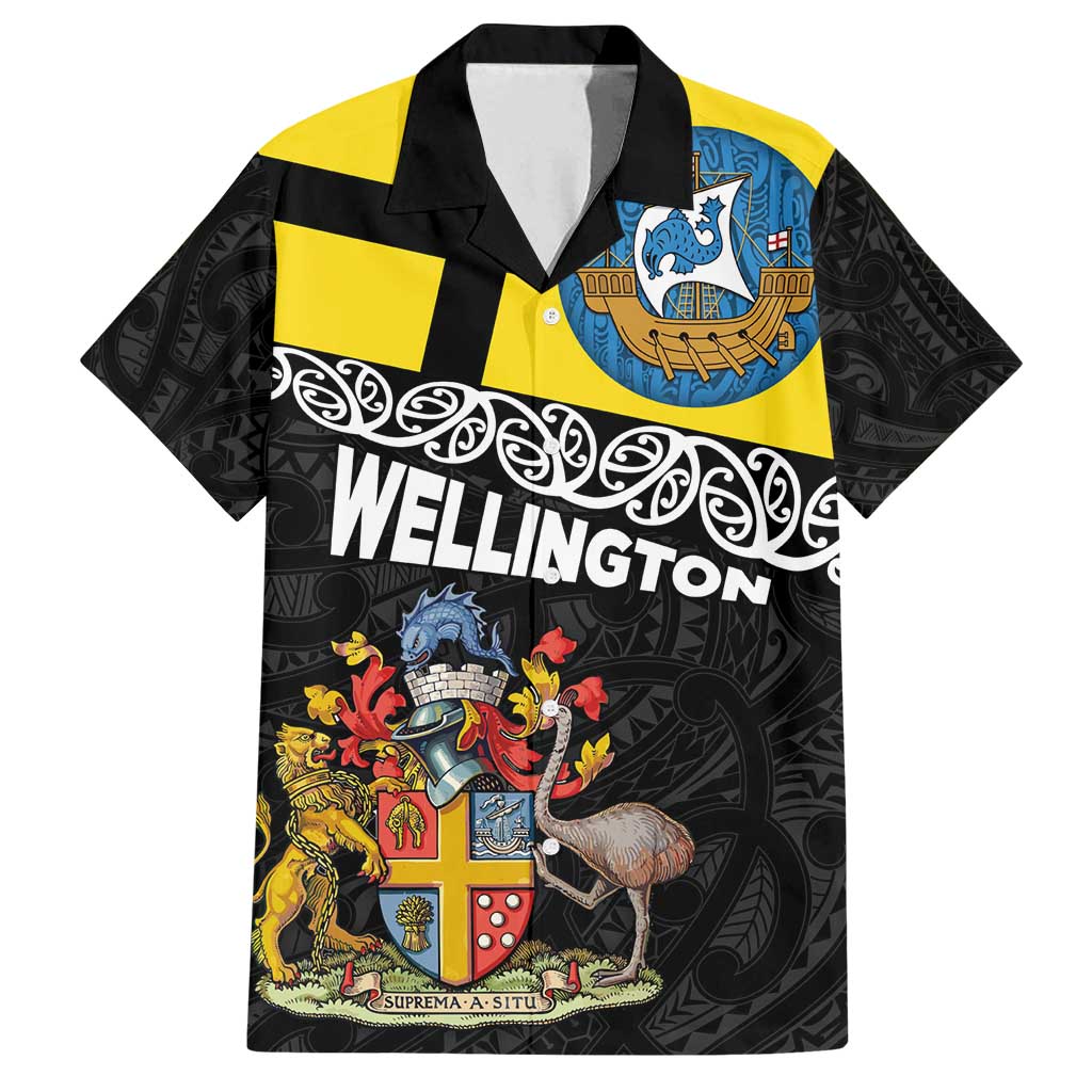 New Zealand Wellington Family Matching Summer Maxi Dress and Hawaiian Shirt The Capital's Emblems Flag and Koru Art LT03 Dad's Shirt - Short Sleeve Black - Polynesian Pride