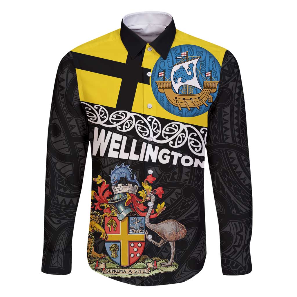 New Zealand Wellington Family Matching Tank Maxi Dress and Hawaiian Shirt The Capital's Emblems Flag and Koru Art LT03 Dad's Shirt - Long Sleeve Black - Polynesian Pride