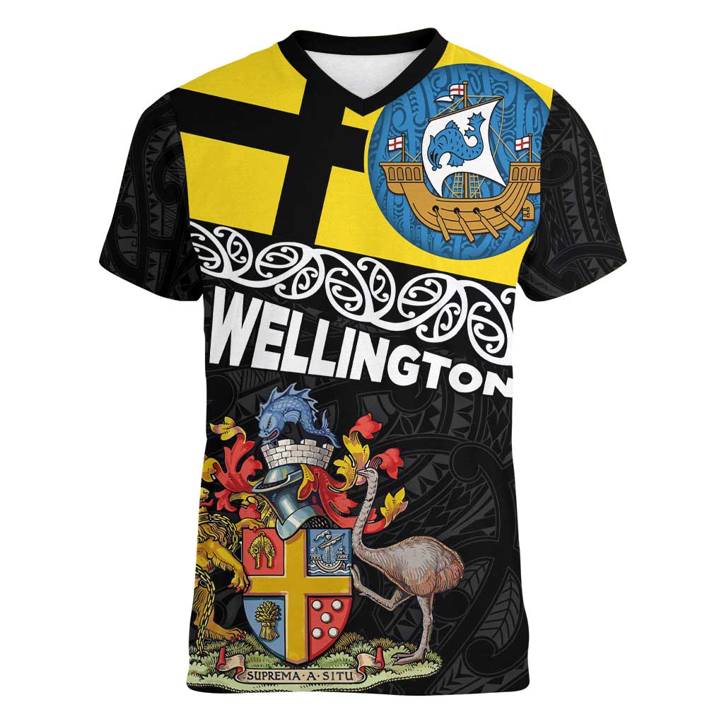 New Zealand Wellington Women V-Neck T-Shirt The Capital's Emblems Flag and Koru Art
