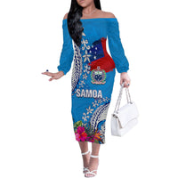 Personalised Samoa Coat Of Arms Family Matching Off Shoulder Long Sleeve Dress and Hawaiian Shirt Tropical Flower Blue Polynesian Pattern LT03 Mom's Dress Blue - Polynesian Pride