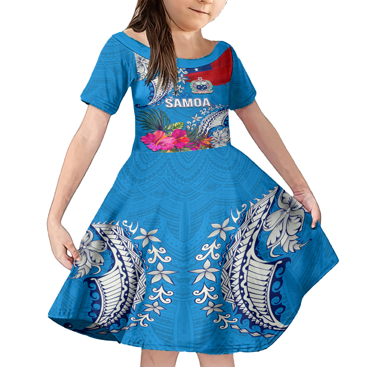 Personalised Samoa Coat Of Arms Family Matching Off Shoulder Maxi Dress and Hawaiian Shirt Tropical Flower Blue Polynesian Pattern LT03 Daughter's Dress Blue - Polynesian Pride