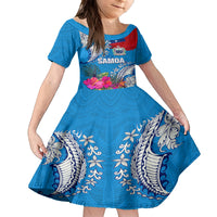 Personalised Samoa Coat Of Arms Family Matching Off Shoulder Maxi Dress and Hawaiian Shirt Tropical Flower Blue Polynesian Pattern LT03 Daughter's Dress Blue - Polynesian Pride