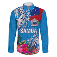 Personalised Samoa Coat Of Arms Family Matching Off Shoulder Short Dress and Hawaiian Shirt Tropical Flower Blue Polynesian Pattern LT03 Dad's Shirt - Long Sleeve Blue - Polynesian Pride