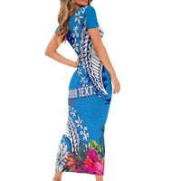 Personalised Samoa Coat Of Arms Family Matching Short Sleeve Bodycon Dress and Hawaiian Shirt Tropical Flower Blue Polynesian Pattern LT03 - Polynesian Pride