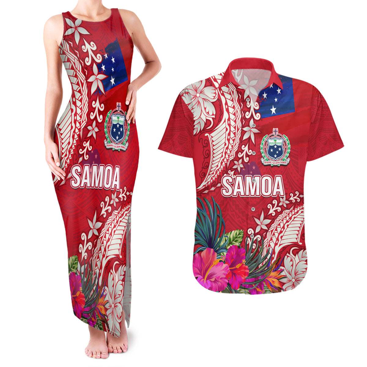 Personalised Samoa Coat Of Arms Couples Matching Tank Maxi Dress and Hawaiian Shirt Tropical Flower Red Polynesian Pattern LT03 Red - Polynesian Pride