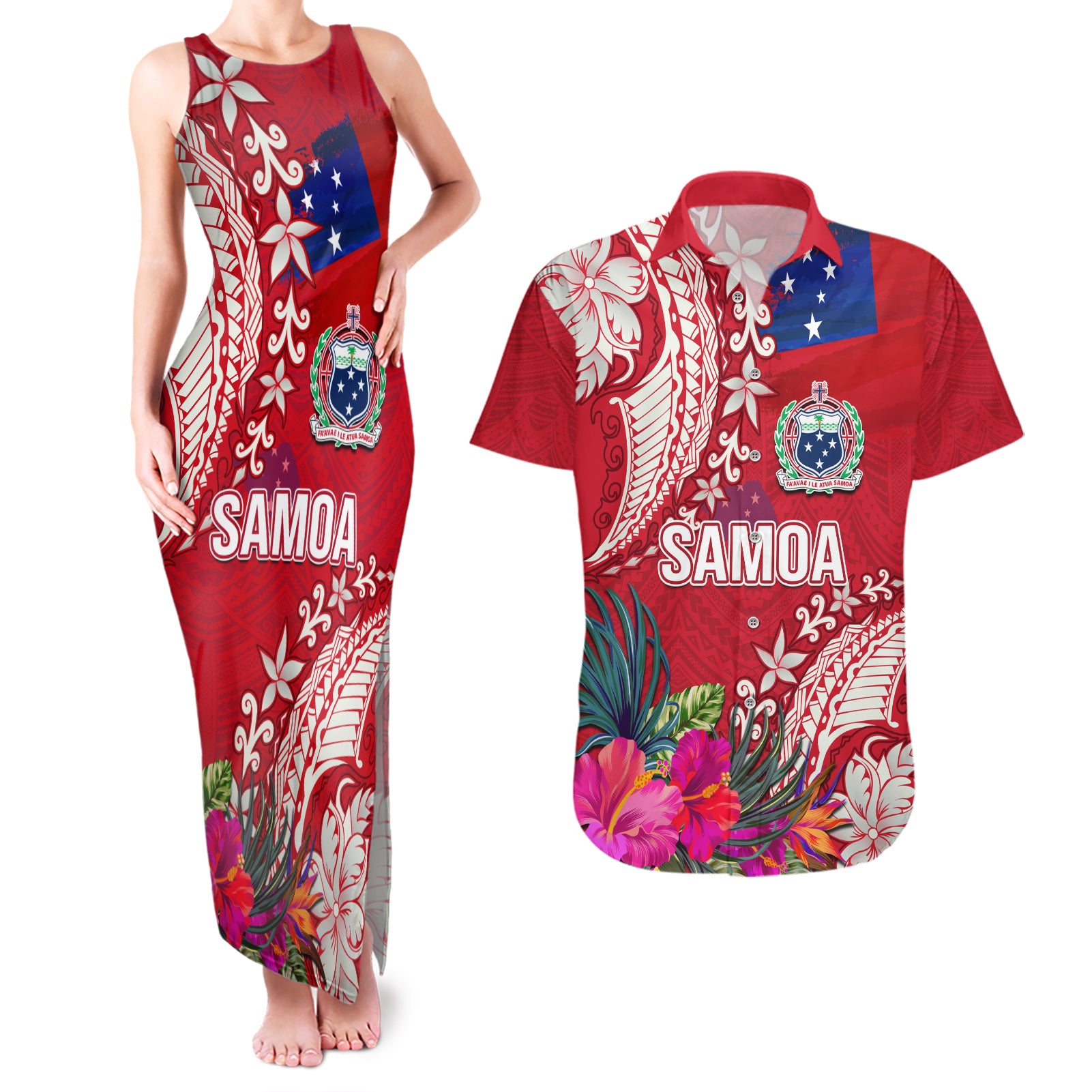 Personalised Samoa Coat Of Arms Couples Matching Tank Maxi Dress and Hawaiian Shirt Tropical Flower Red Polynesian Pattern LT03 Red - Polynesian Pride