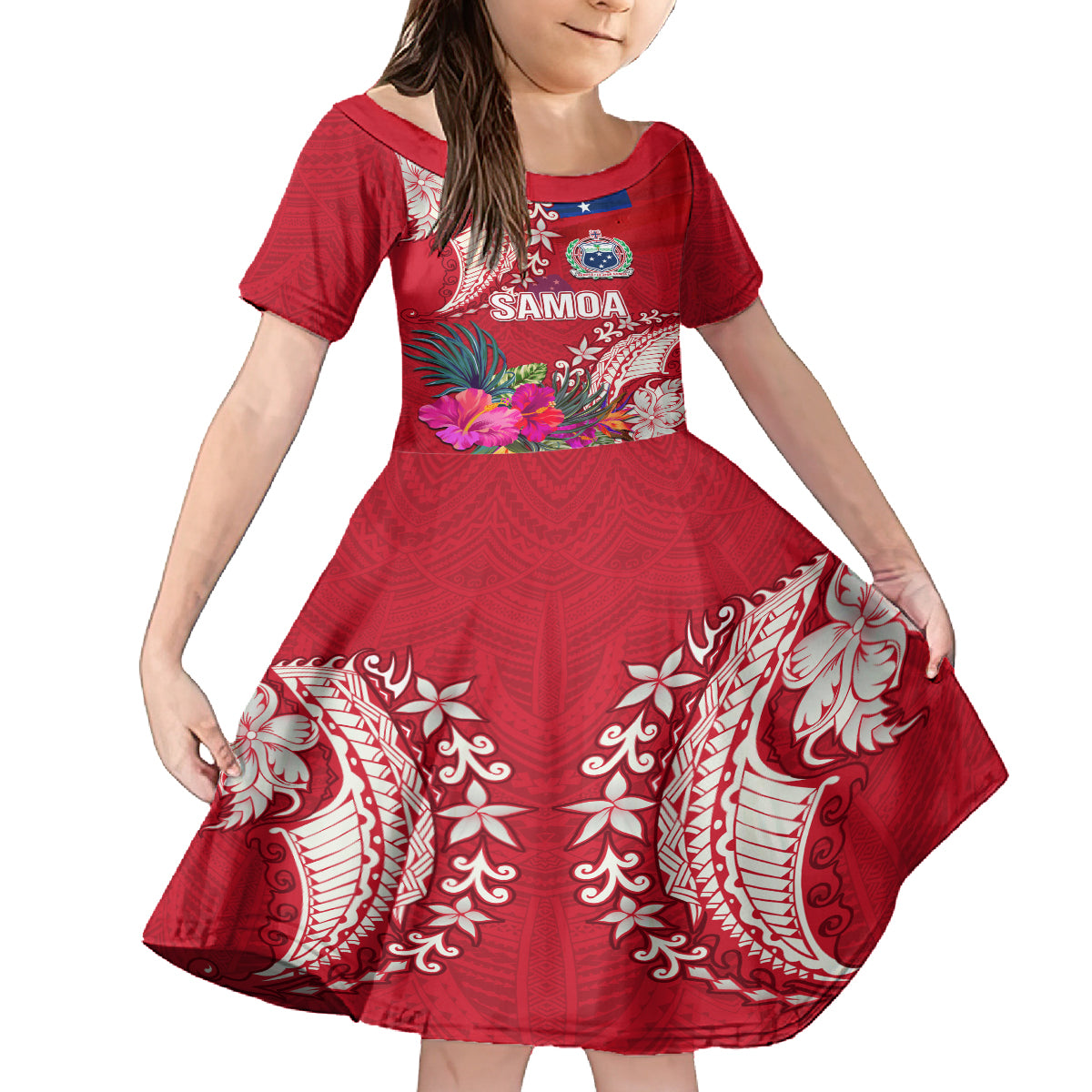 Personalised Samoa Coat Of Arms Family Matching Long Sleeve Bodycon Dress and Hawaiian Shirt Tropical Flower Red Polynesian Pattern LT03 Daughter's Dress Red - Polynesian Pride
