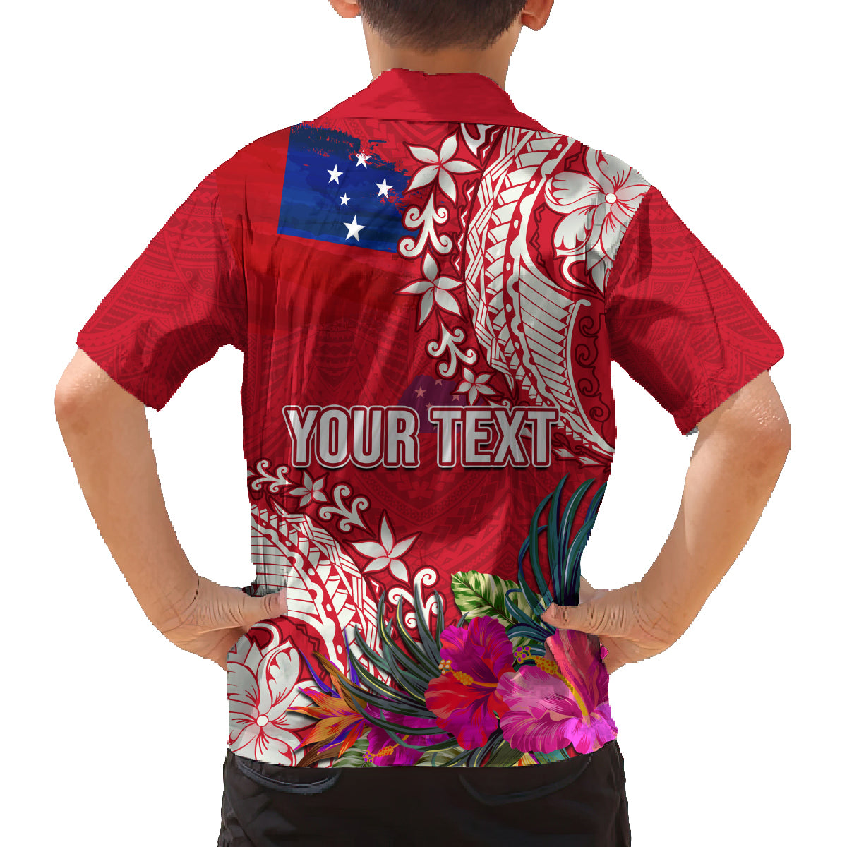 Personalised Samoa Coat Of Arms Family Matching Off Shoulder Long Sleeve Dress and Hawaiian Shirt Tropical Flower Red Polynesian Pattern LT03 - Polynesian Pride