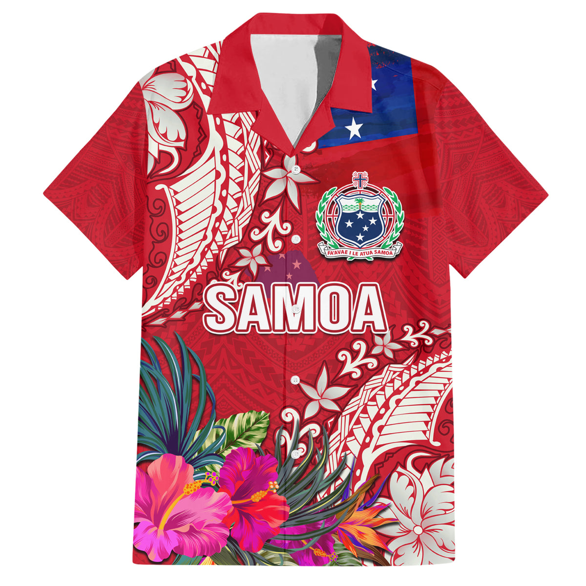 Personalised Samoa Coat Of Arms Family Matching Short Sleeve Bodycon Dress and Hawaiian Shirt Tropical Flower Red Polynesian Pattern LT03 Dad's Shirt - Short Sleeve Red - Polynesian Pride