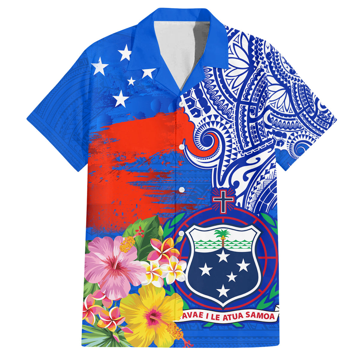 Personalised Samoa Coat Of Arms Family Matching Long Sleeve Bodycon Dress and Hawaiian Shirt Hibiscus Polynesian Tattoo Pattern LT03 Dad's Shirt - Short Sleeve Blue - Polynesian Pride