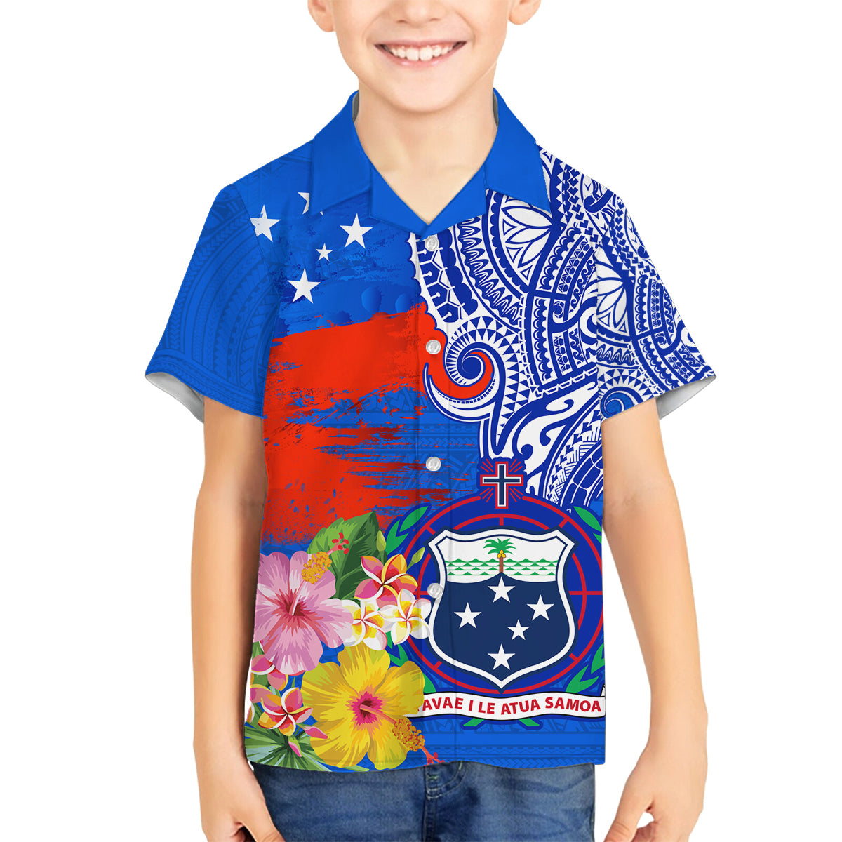 Personalised Samoa Coat Of Arms Family Matching Long Sleeve Bodycon Dress and Hawaiian Shirt Hibiscus Polynesian Tattoo Pattern LT03 Son's Shirt Blue - Polynesian Pride
