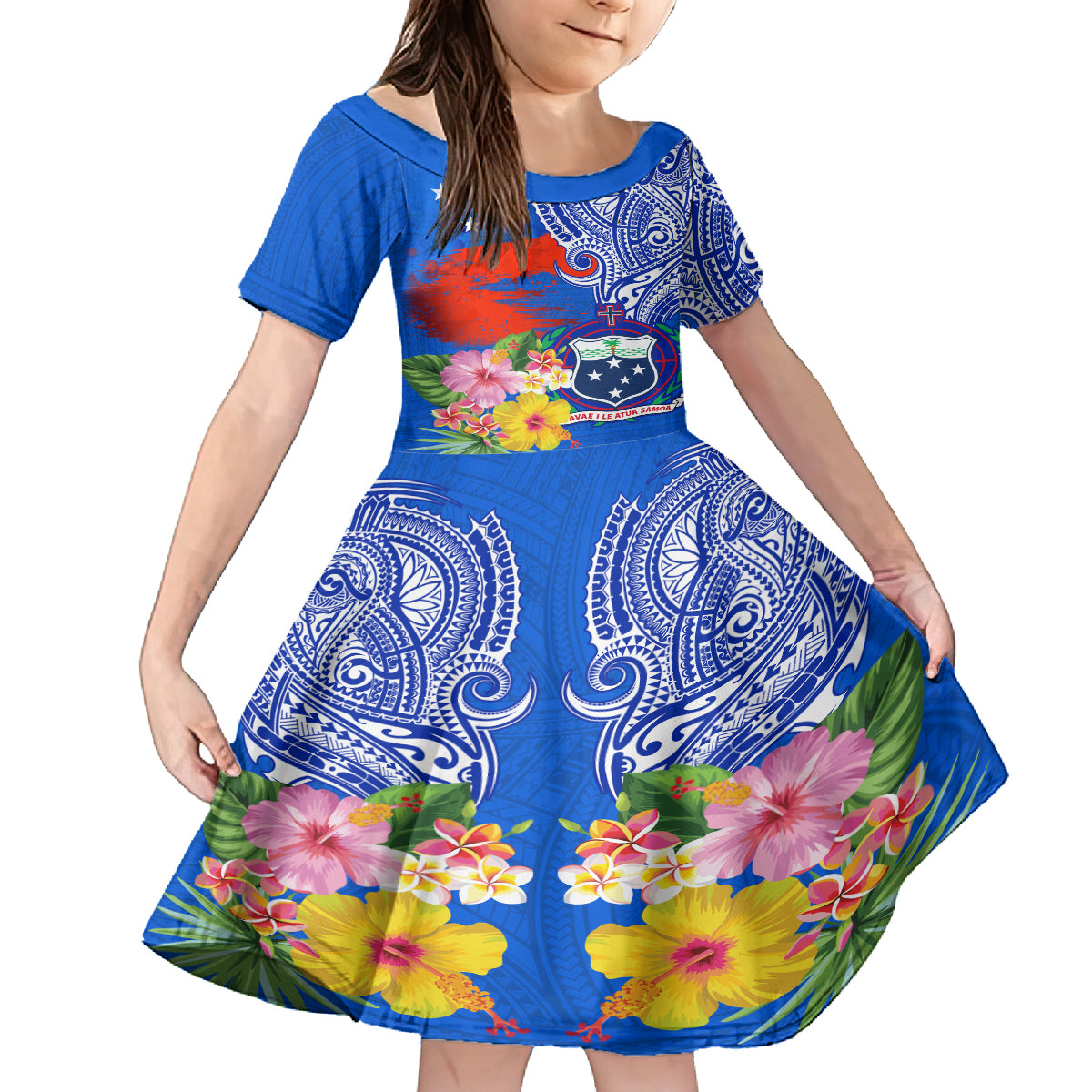Personalised Samoa Coat Of Arms Family Matching Tank Maxi Dress and Hawaiian Shirt Hibiscus Polynesian Tattoo Pattern LT03 Daughter's Dress Blue - Polynesian Pride