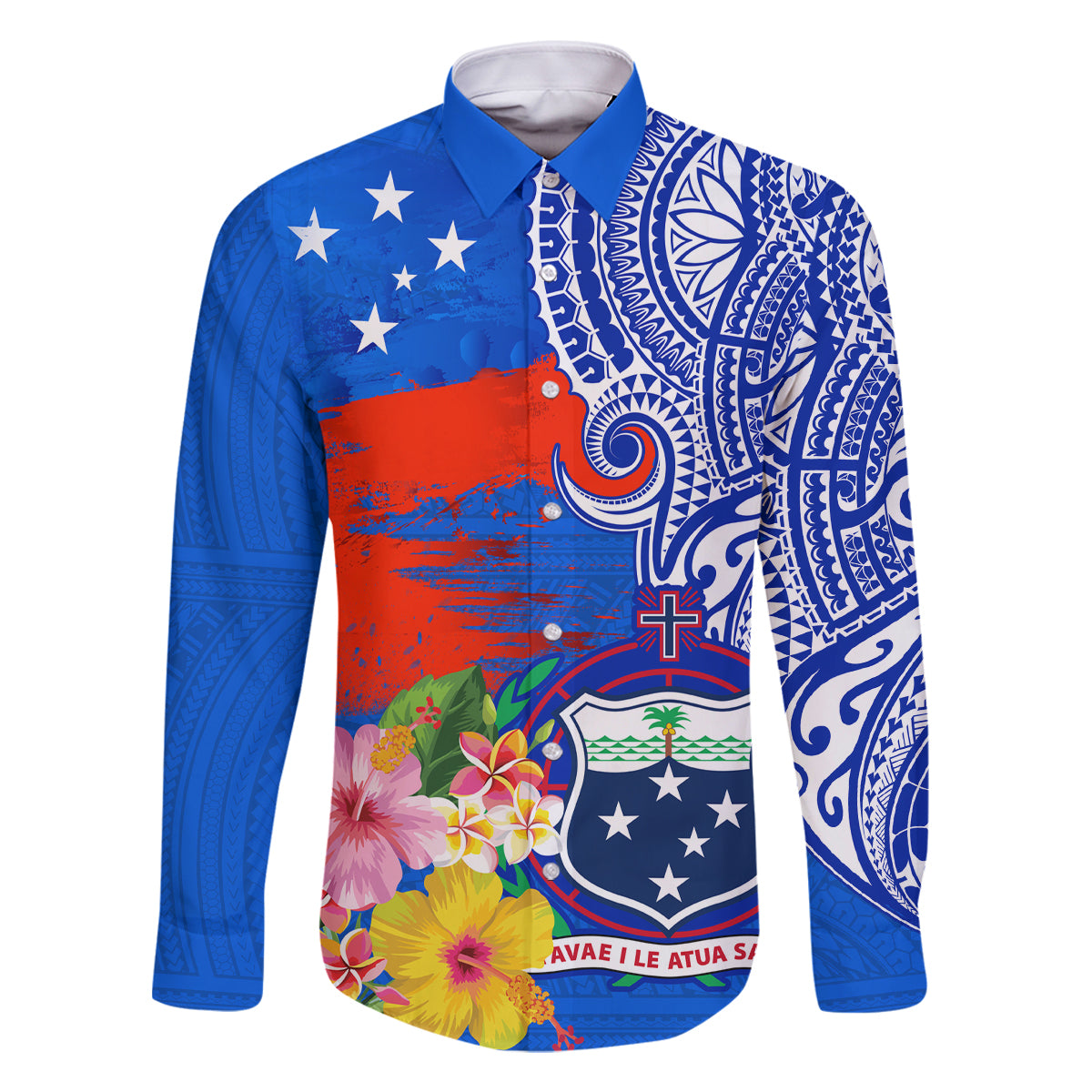 Personalised Samoa Coat Of Arms Family Matching Tank Maxi Dress and Hawaiian Shirt Hibiscus Polynesian Tattoo Pattern LT03 Dad's Shirt - Long Sleeve Blue - Polynesian Pride