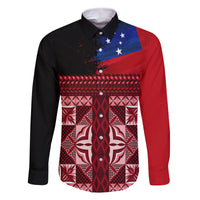 Samoa Flag Day Family Matching Off Shoulder Long Sleeve Dress and Hawaiian Shirt Siapo Pattern and Ula Fala LT03 Dad's Shirt - Long Sleeve Red - Polynesian Pride