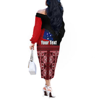 Samoa Flag Day Off The Shoulder Long Sleeve Dress Siapo Pattern and Ula Fala LT03 - Polynesian Pride
