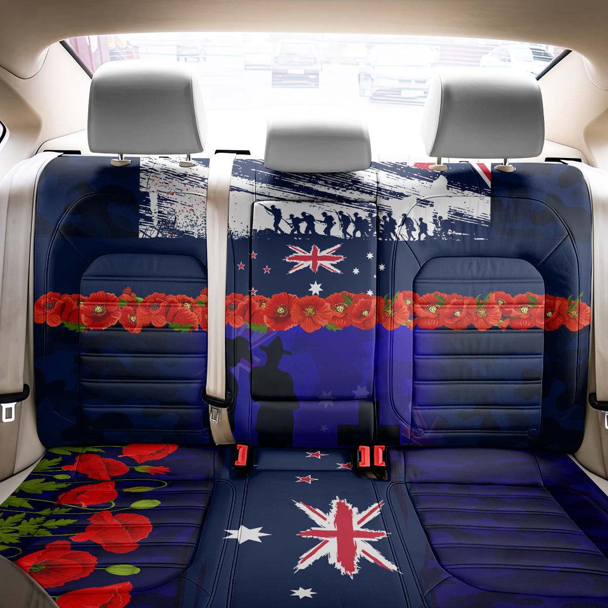 New Zealand and Australia ANZAC Day Back Car Seat Cover Lest We Forget Red Poppy Flowers and Soldier LT03 - Polynesian Pride