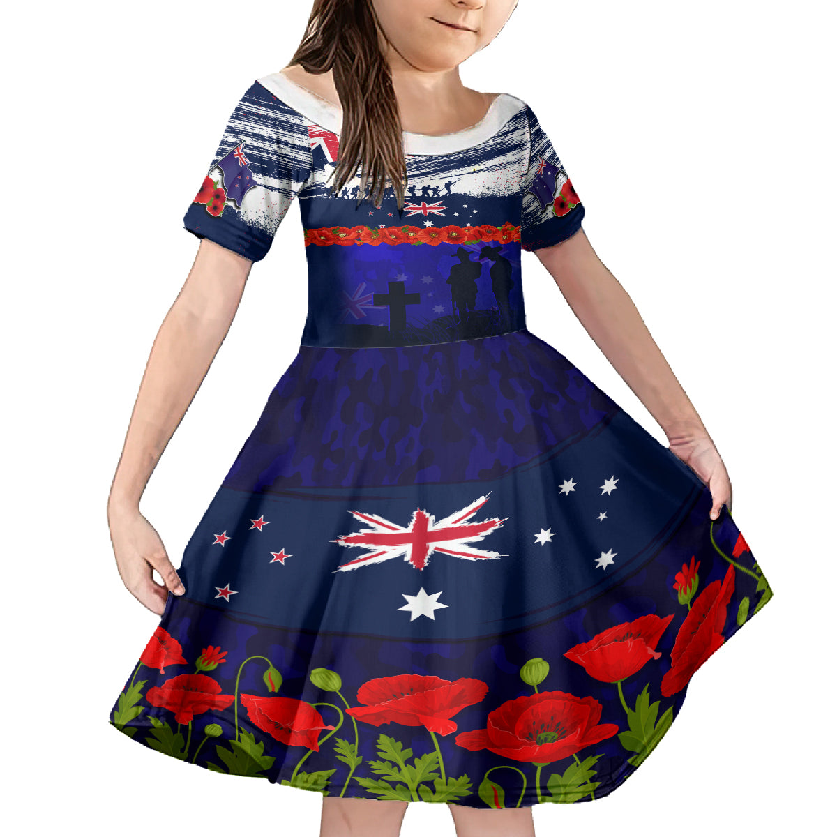 New Zealand and Australia ANZAC Day Family Matching Off Shoulder Maxi Dress and Hawaiian Shirt Lest We Forget Red Poppy Flowers and Soldier LT03 Daughter's Dress Blue - Polynesian Pride