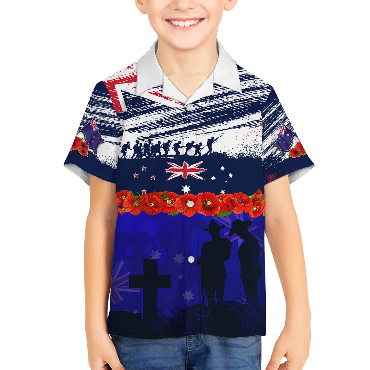 New Zealand and Australia ANZAC Day Family Matching Off Shoulder Maxi Dress and Hawaiian Shirt Lest We Forget Red Poppy Flowers and Soldier LT03 Son's Shirt Blue - Polynesian Pride
