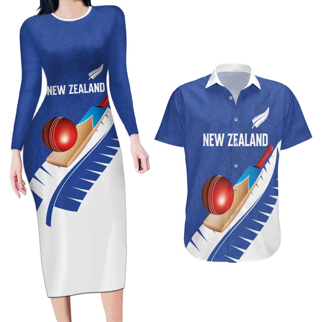 Custom New Zealand Cricket Couples Matching Long Sleeve Bodycon Dress and Hawaiian Shirt Kiwi Birds Haka Dance Blue Fern Sporty Style LT03 Blue - Polynesian Pride