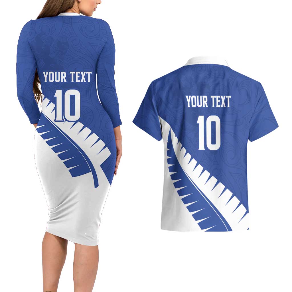 Custom New Zealand Cricket Couples Matching Long Sleeve Bodycon Dress and Hawaiian Shirt Kiwi Birds Haka Dance Blue Fern Sporty Style LT03 - Polynesian Pride
