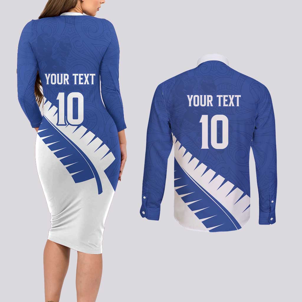Custom New Zealand Cricket Couples Matching Long Sleeve Bodycon Dress and Long Sleeve Button Shirt Kiwi Birds Haka Dance Blue Fern Sporty Style LT03 - Polynesian Pride