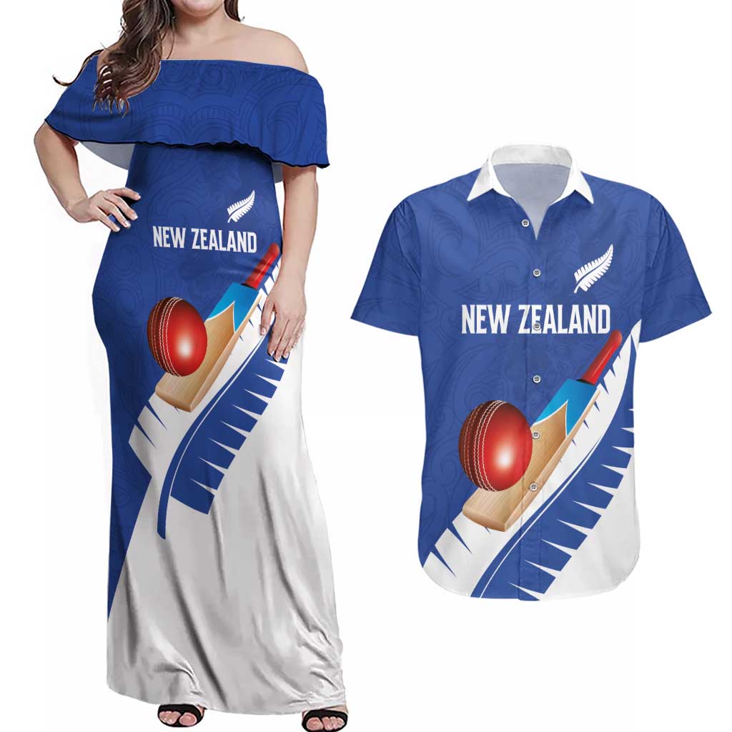 Custom New Zealand Cricket Couples Matching Off Shoulder Maxi Dress and Hawaiian Shirt Kiwi Birds Haka Dance Blue Fern Sporty Style LT03 Blue - Polynesian Pride