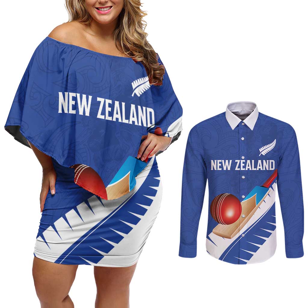 Custom New Zealand Cricket Couples Matching Off Shoulder Short Dress and Long Sleeve Button Shirt Kiwi Birds Haka Dance Blue Fern Sporty Style LT03 Blue - Polynesian Pride