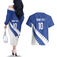 Custom New Zealand Cricket Couples Matching Off The Shoulder Long Sleeve Dress and Hawaiian Shirt Kiwi Birds Haka Dance Blue Fern Sporty Style LT03 - Polynesian Pride