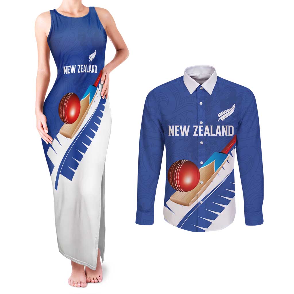 Custom New Zealand Cricket Couples Matching Tank Maxi Dress and Long Sleeve Button Shirt Kiwi Birds Haka Dance Blue Fern Sporty Style LT03 Blue - Polynesian Pride