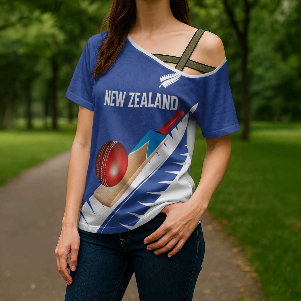 Custom New Zealand Cricket Cross Shoulder Shirt Kiwi Birds Haka Dance Blue Fern Sporty Style LT03 - Polynesian Pride
