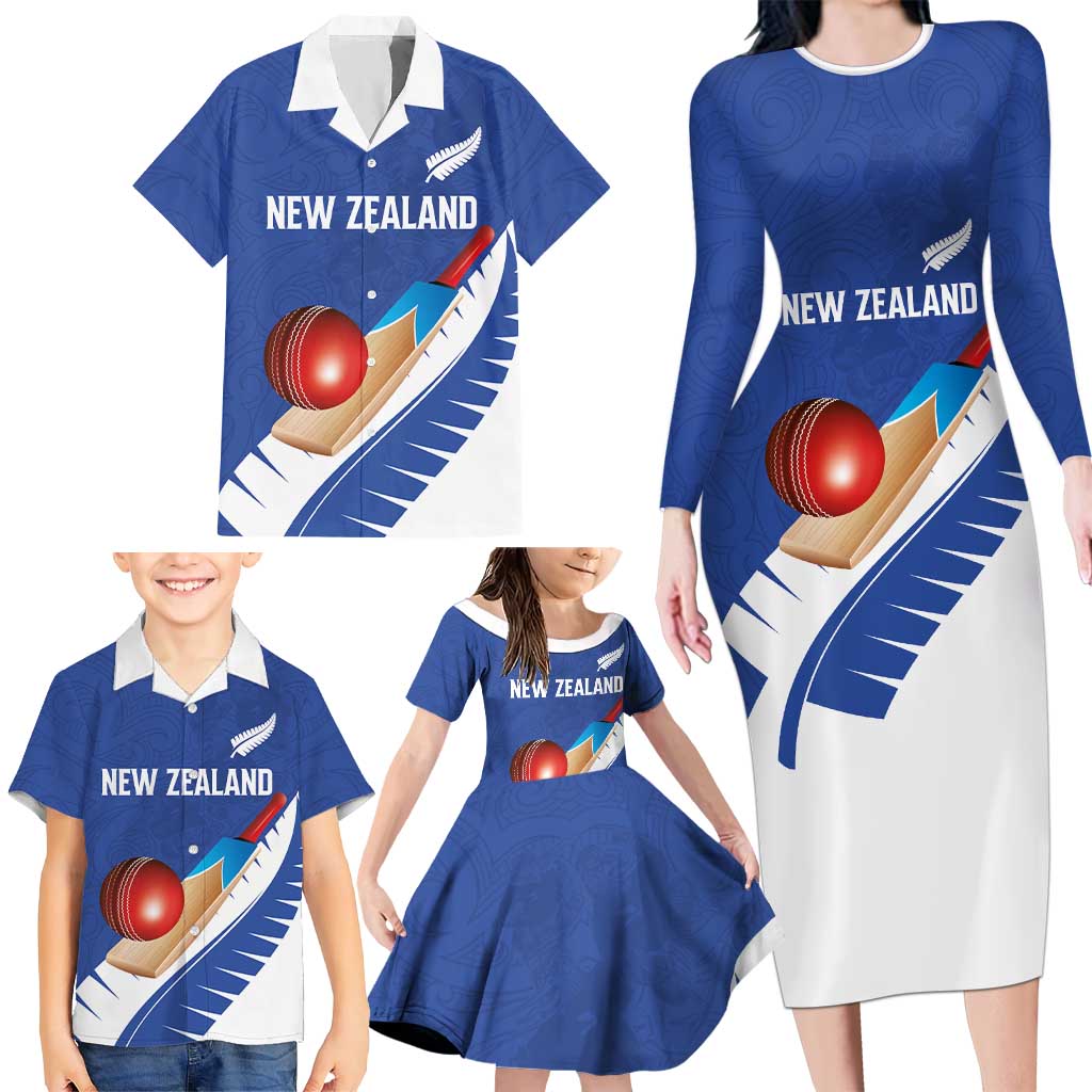 Custom New Zealand Cricket Family Matching Long Sleeve Bodycon Dress and Hawaiian Shirt Kiwi Birds Haka Dance Blue Fern Sporty Style LT03 - Polynesian Pride