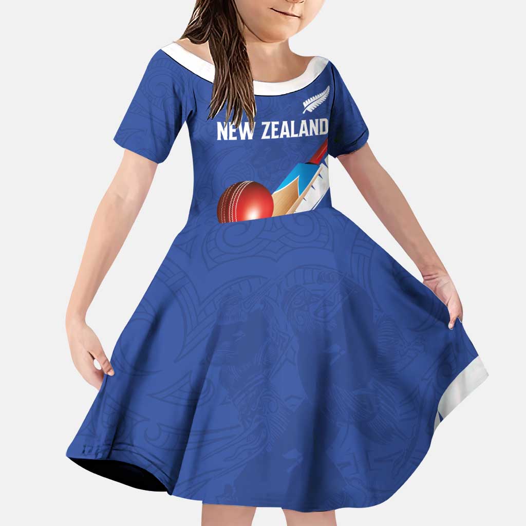 Custom New Zealand Cricket Family Matching Off The Shoulder Long Sleeve Dress and Hawaiian Shirt Kiwi Birds Haka Dance Blue Fern Sporty Style LT03 Daughter's Dress Blue - Polynesian Pride