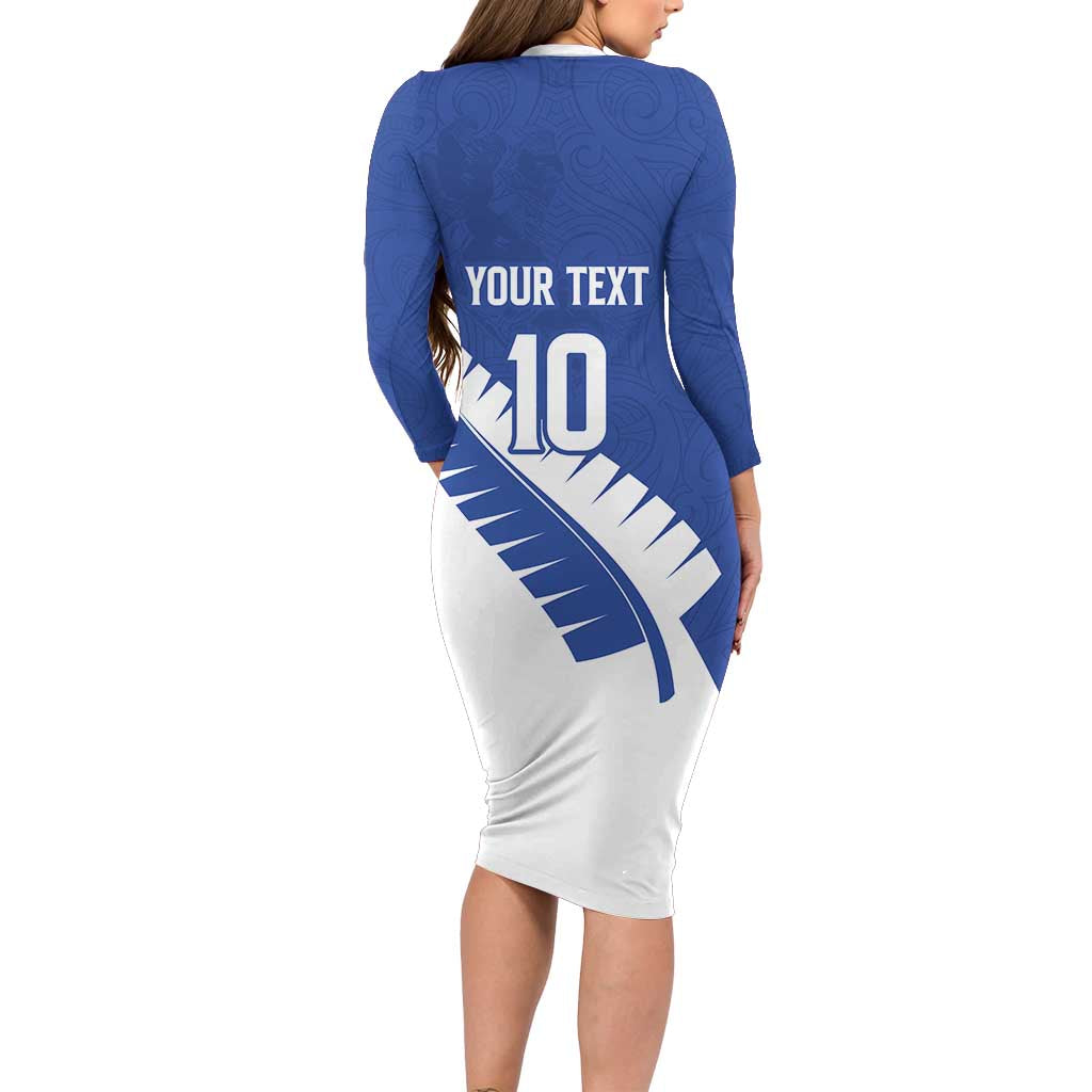 Custom New Zealand Cricket Long Sleeve Bodycon Dress Kiwi Birds Haka Dance Blue Fern Sporty Style LT03 - Polynesian Pride