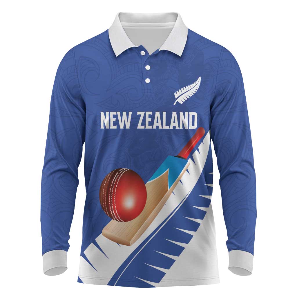 Custom New Zealand Cricket Long Sleeve Polo Shirt Kiwi Birds Haka Dance Blue Fern Sporty Style LT03 Blue - Polynesian Pride