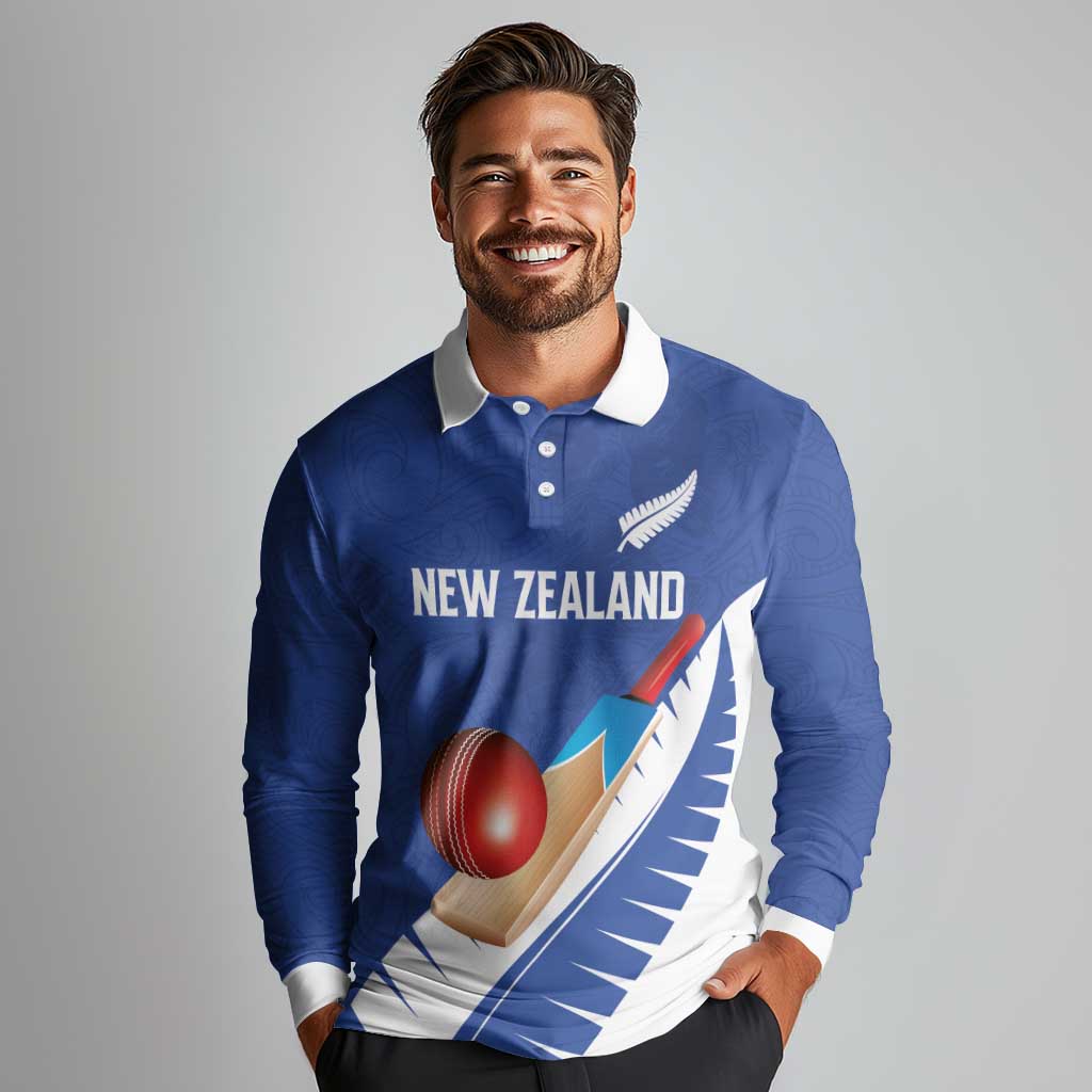 Custom New Zealand Cricket Long Sleeve Polo Shirt Kiwi Birds Haka Dance Blue Fern Sporty Style LT03 - Polynesian Pride