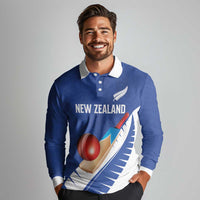 Custom New Zealand Cricket Long Sleeve Polo Shirt Kiwi Birds Haka Dance Blue Fern Sporty Style LT03 - Polynesian Pride