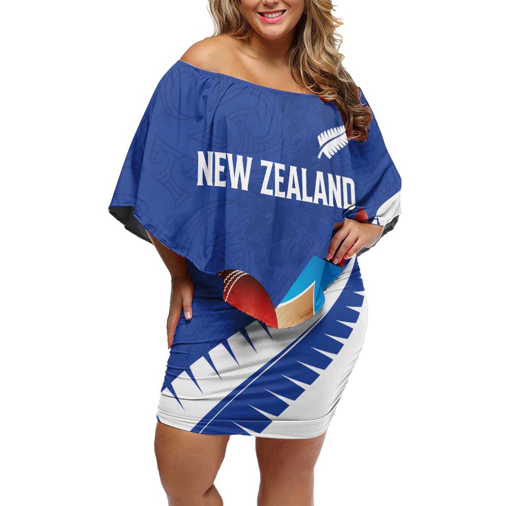 Custom New Zealand Cricket Off Shoulder Short Dress Kiwi Birds Haka Dance Blue Fern Sporty Style LT03 Women Blue - Polynesian Pride