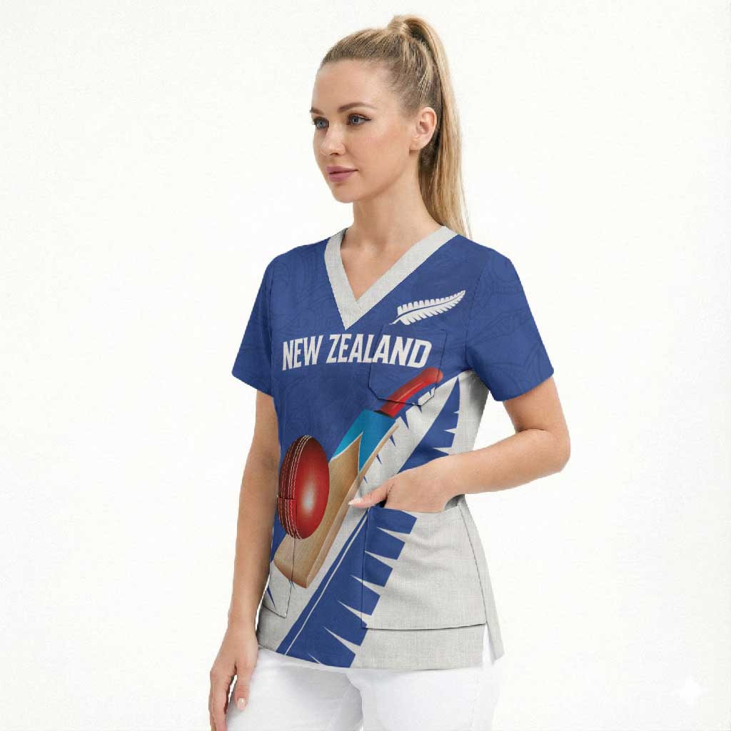 Custom New Zealand Cricket Scrub Top Kiwi Birds Haka Dance Blue Fern Sporty Style LT03 - Polynesian Pride
