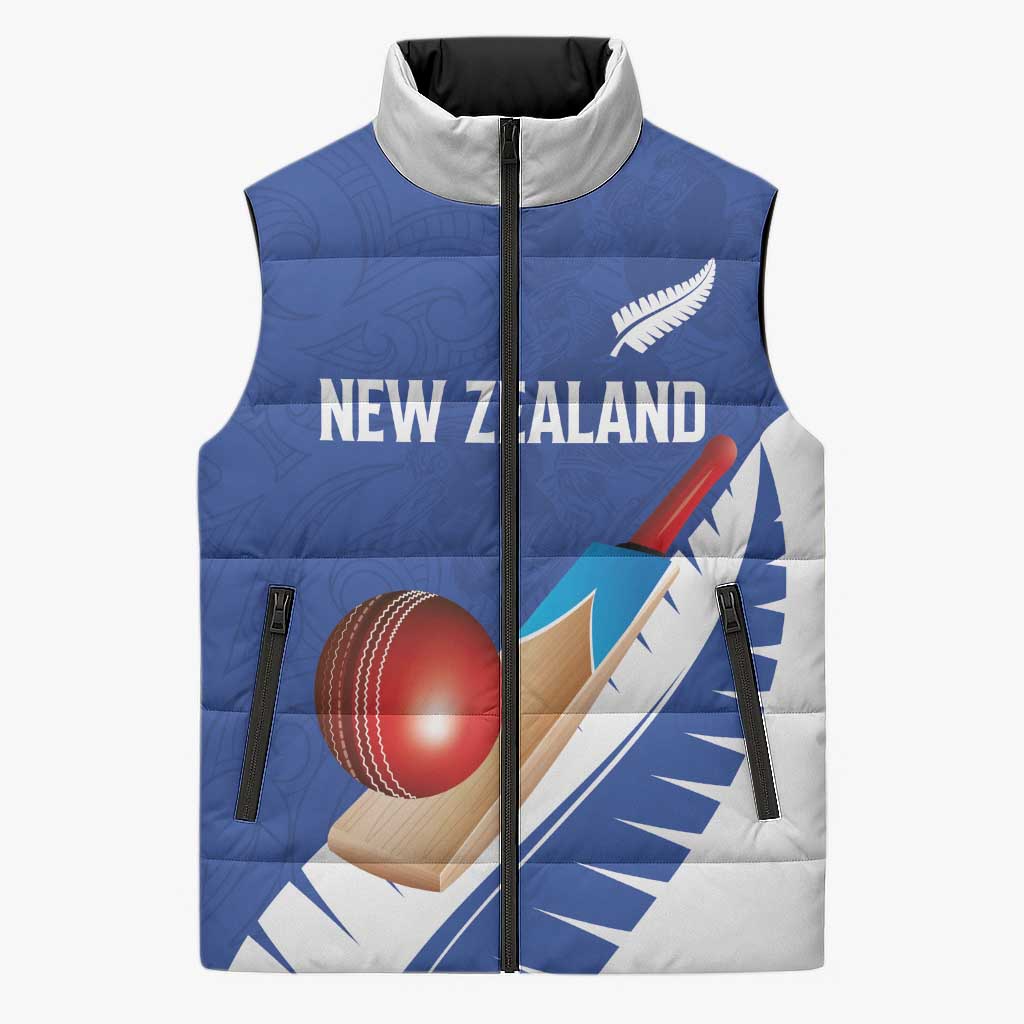 Custom New Zealand Cricket Sleeveless Puffer Jacket Kiwi Birds Haka Dance Blue Fern Sporty Style