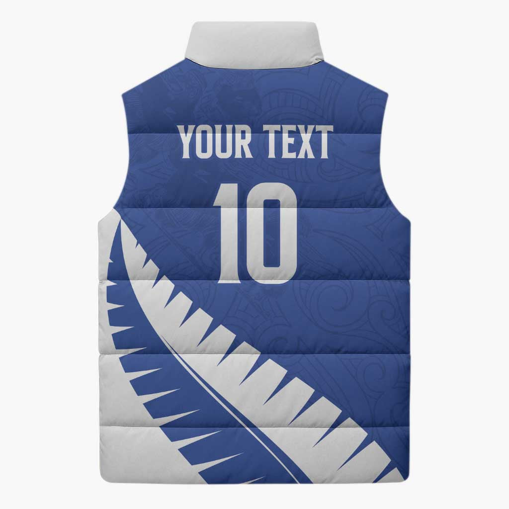 Custom New Zealand Cricket Sleeveless Puffer Jacket Kiwi Birds Haka Dance Blue Fern Sporty Style