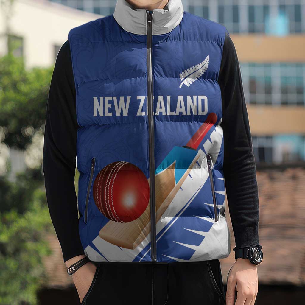 Custom New Zealand Cricket Sleeveless Puffer Jacket Kiwi Birds Haka Dance Blue Fern Sporty Style