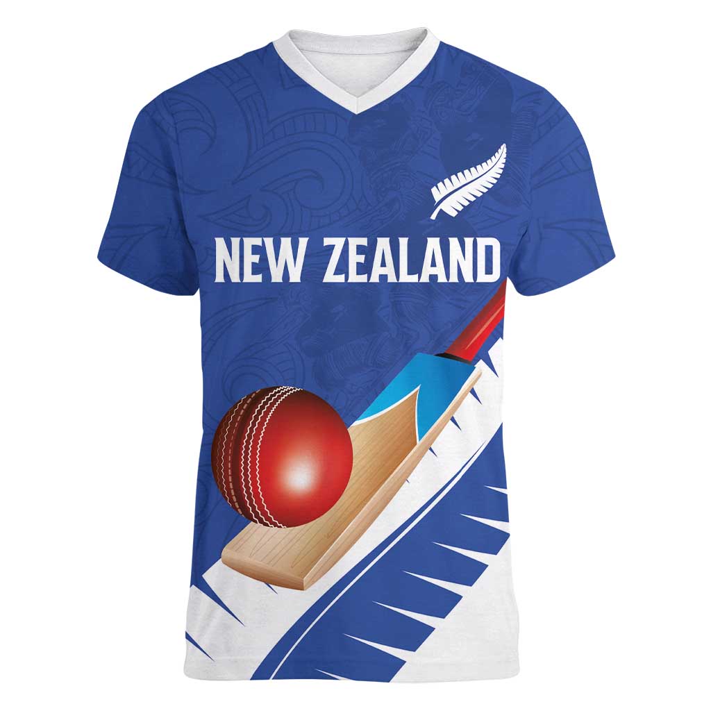 Custom New Zealand Cricket Women V-Neck T-Shirt Kiwi Birds Haka Dance Blue Fern Sporty Style LT03 Female Blue - Polynesian Pride
